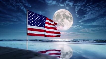 American flag and ocean water under a full moon, fireworks background on independence day fourth July - Powered by Adobe