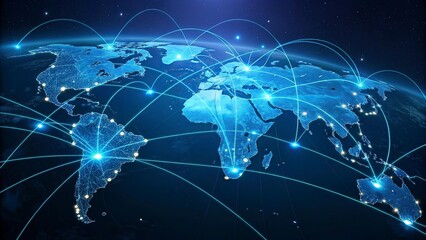 World map on a technological background, glowing lines symbols of the Internet, world map newtwork.