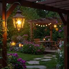 Obraz premium Illuminated Garden Patio at Night with Pergola