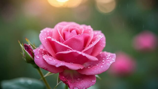 Close up of a pink rose with water droplets on its petals during a light rain shower outdoors