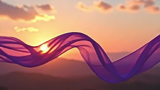a dreamy montage of purple silk floating in the air, ethereal and weightless against a sunset backdrop, each fold and contour catching the last rays of sunlight