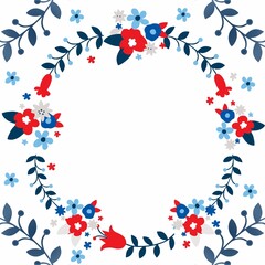 Folk Floral Wreath with Red and Blue Flowers