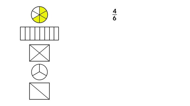 educational illustration designed to teach fractions, featuring five simple shapes, circle, rectangle, square, divided into various equal parts, math fractions graphic, learning fractions