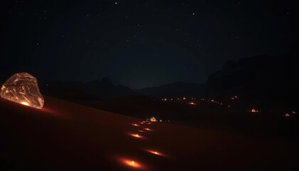 Desert night illuminated by glowing rocks, stars and distant camps