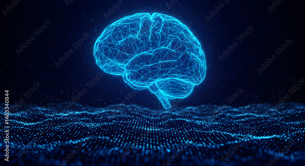 Poster abstract digital brain model floating above wavy surface with dotted pattern in dark blue tones unde