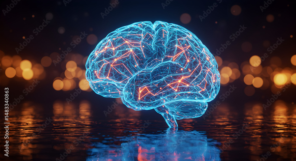 Aufkleber abstract digital brain with blue and red connections on reflective surface bokeh background