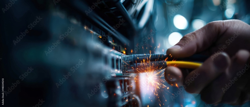 Poster technician hand plugging ethernet cable with sparks in server rack concept of network maintenance, d