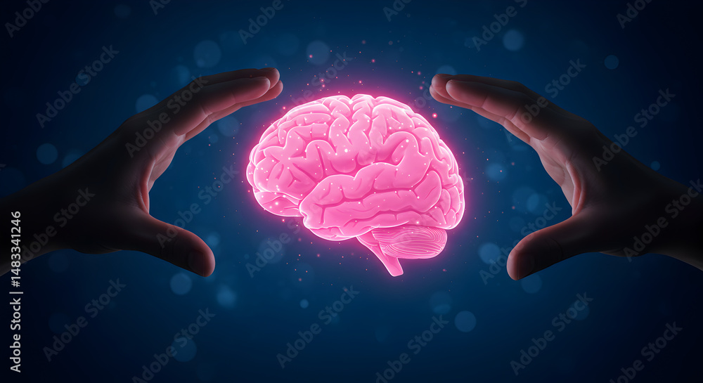 Poster abstract pixelated brain illustration floating between hands in dark blue bokeh background represent