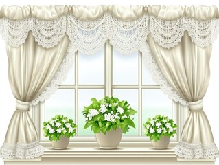 Fototapeta premium Elegant window with lace curtains and potted plants.