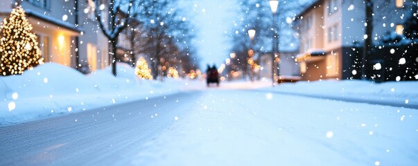 Snowy street with christmas lights on a winter evening scene