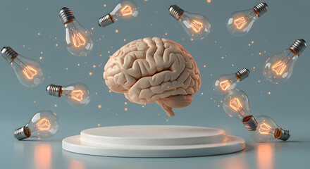 Anatomical Brain on White Platform Surrounded by Glowing Light Bulbs and Floating Orange Particles on Light Blue Backdrop