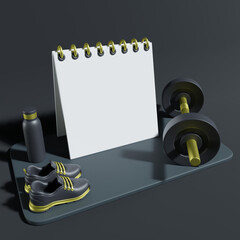 black style fitness and workout schedule with dumbbell and shoes 3D render