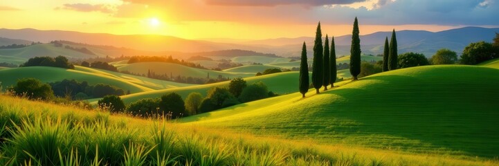 Fototapeta premium Tuscan sun-drenched rolling hills, cypress trees , outdoor, picturesque, natural beauty