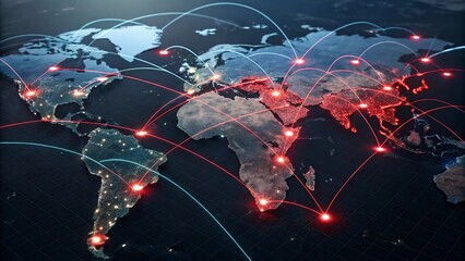World map on a technological background, glowing lines symbols of the Internet, world map newtwork.