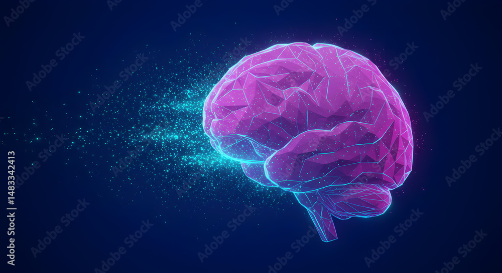 Poster artificial intelligence brain with pink polygon mesh and digital particles on dark blue gradient bac