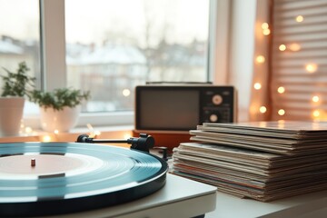 Vinyl record player and retro radio indoor scene music culture leisure