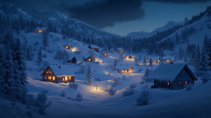 Snowy mountain village at night (1)