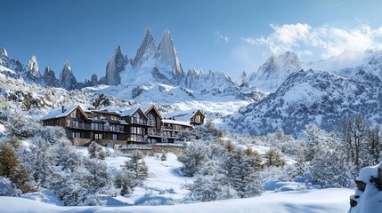 Fototapeta premium Snowy mountain resort complex