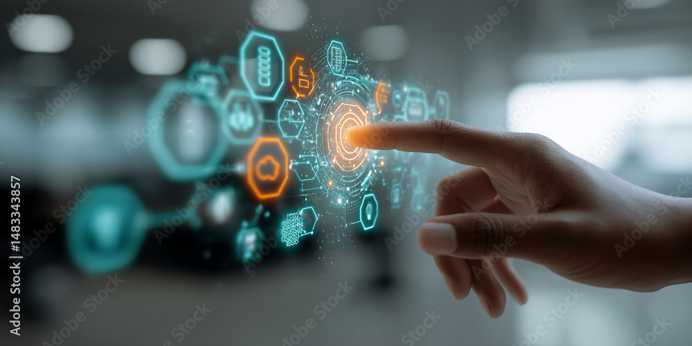 Poster hand interacting with a futuristic holographic interface, showcasing technological innovation and di