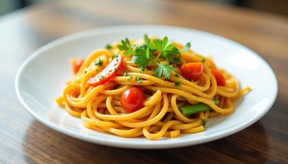 Stir-fried noodles with vegetables on a white plate, garlic, healthy, ginger