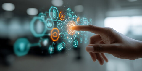 Hand interacting with a futuristic holographic interface, showcasing technological innovation and digital interaction, representing progress and advancement in technology