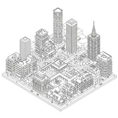 Isometric Drawing of a Cityscape in Black and White
