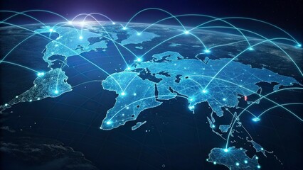World map on a technological background, glowing lines symbols of the Internet, world map newtwork.