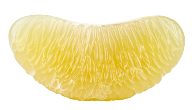 Detailed close-up of pomelo segment, showing flesh and fibers, white background or png.