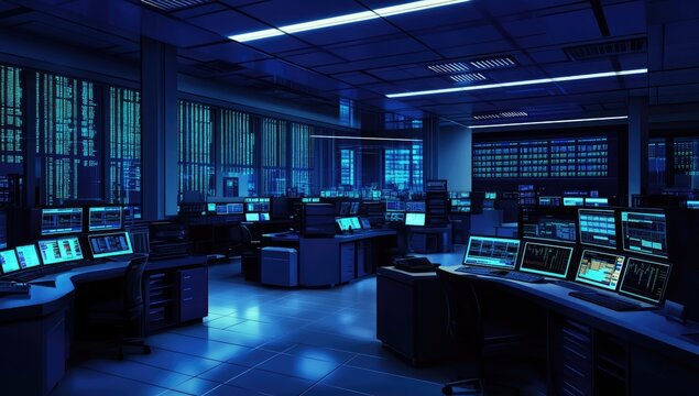 A bustling control room at night, filled with screens displaying data
