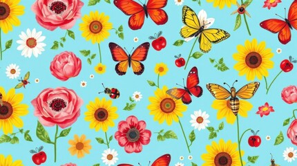 Vibrant Summer Floral Butterfly Pattern Design
