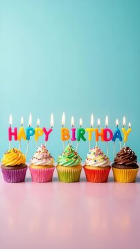 A row of cupcakes with happy birthday candles on a pink surface against a light blue background