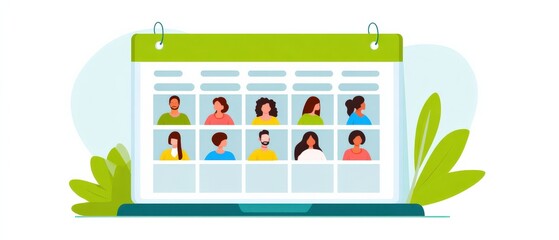 Obraz premium Virtual meeting calendar with diverse adults in online conference, showcasing remote work, teamwork, and video call concept