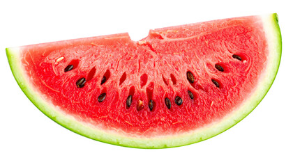 Half-circle watermelon slice close-up, red flesh/black & white seeds, green rind, white background or png.