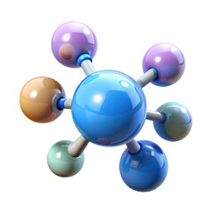 A stylized 3D molecular structure with a central blue sphere connected to six multicolored spheres by rods.