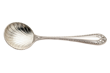 PNG Elegant vintage silver slotted spoon with ornate handle design