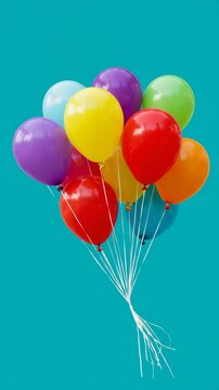 A bunch of colorful balloons tied together floating against a solid turquoise background image view