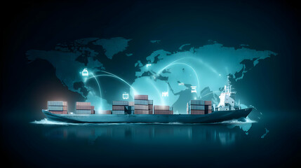 interface with glowing trade route lines and shipment icons