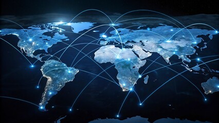 World map on a technological background, glowing lines symbols of the Internet, world map newtwork.