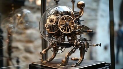 Obraz premium Intricate Steampunk Clockwork Creature: Brass Gears and Glass Dome