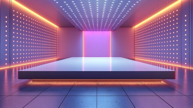 A futuristic modern display table with glowing LED lighting  long title A sleek minimalist cube style table placed in a futuristic room with - Powered by Adobe
