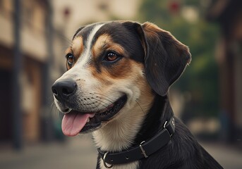 Happy Dog Portrait: City Street Blur Background