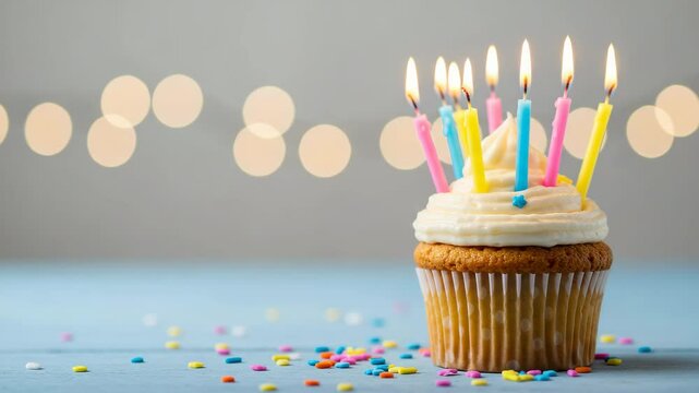 A cupcake with white frosting and several lit candles on a blue surface with sprinkles around it