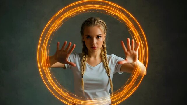 Young woman with braided hair creating a glowing circular effect with her hands against a textured background