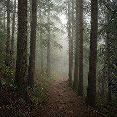Obraz premium Misty Forest Path: A Serene Woodland Trail