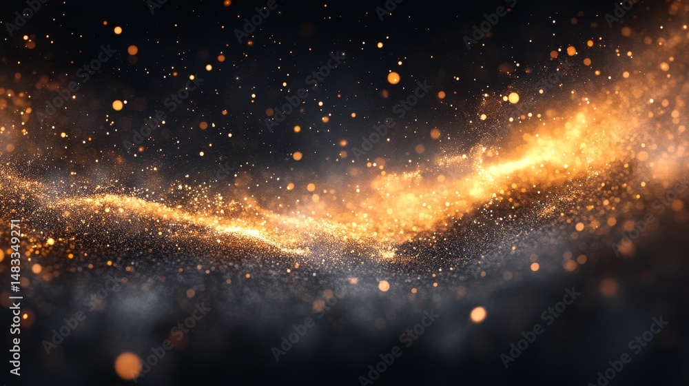 Poster abstract digital design with golden particles and flowing textures.