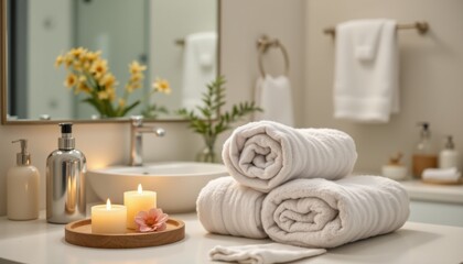 the setting is a bathroom counter with rolled up white towels taking center stage