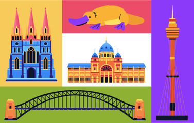 Architecture and animals of Australia - set of flat design style colorful illustrations