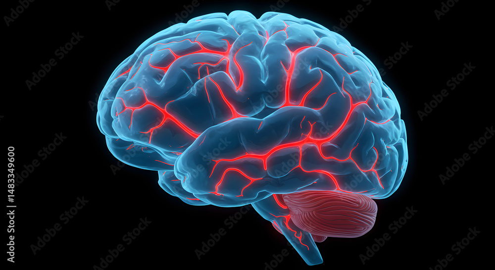 Poster detailed 3d digital rendering of human brain with blue cortex and red vasculature on black backgroun