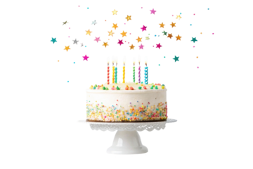 PNG Colorful birthday cake with candles and star confetti on white stand