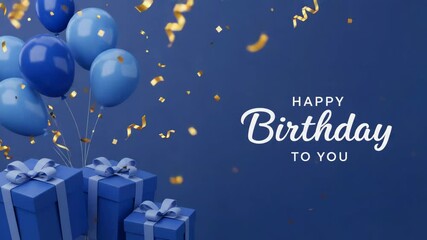 Blue birthday theme with balloons presents and confetti falling down for a happy celebration day - Powered by Adobe
